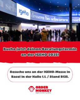 🚀 Buche jetzt deinen persönlichen Beratungsslot an der IGEHO 2025!

Erlebe ORDERMONKEY live – vom 15.–19. November in Basel.

Unsere digitalen Selforder-Lösungen sind nicht nur für die Gastronomie, sondern auch für Hotellerie, Retail und Freizeitbetriebe perfekt geeignet. Ob Terminal, QR-Webapp, Webshop oder Payment – wir zeigen dir, wie du Abläufe vereinfachst, dein Team entlastest und deinen Umsatz steigerst.

💬 Gemeinsam finden wir die passende Lösung für deinen Betrieb.
Egal ob du den Bestellprozess digitalisieren, Wartezeiten verkürzen oder dein Service-Team entlasten möchtest – wir beraten dich individuell und zeigen dir live, wie einfach und effizient ORDERMONKEY in deinen Alltag integriert werden kann.

💡 Sichere dir deinen Termin über das Formular 👉 https://calendly.com/nilas-bucher-selisegroup/igeho-2025-personlicher-beratungstermin-vor-ort?month=2025-11 

Oder kontaktiere uns direkt per DM – wir senden dir den Link gerne persönlich.

Wir freuen uns auf spannende Gespräche und neue Ideen!

📅 15.–19. November 2025
📍 Halle 1.1 / Stand B125
👉 www.ordermonkey.com