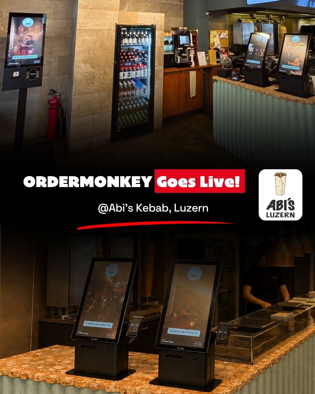📣 GO-LIVE: ORDERMONKEY x @abisluzern 🥙🔥📲
🚀 Mitten in Luzern ist ORDERMONKEY jetzt bei Abi’s live – mit mehreren Selforder-Terminals in unterschiedlichen Ausführungen, direkter Lightspeed-Integration und einem digitalen Bestellprozess, der optimal auf die Abläufe vor Ort abgestimmt ist. ⚡
Abi’s zeigt, dass Kebab längst mehr sein kann als klassisches Take-away: Schweizer Kalbfleisch, hochwertige Zutaten und hausgemachtes Taschenbrot treffen auf ein modernes Restaurantkonzept mitten in Luzern. 🥙🇨🇭
Vom Classic Kebab über Steak Kebab und Boxen bis hin zu Falafel bietet Abi’s bekannte Streetfood-Klassiker mit einem klaren Fokus auf Qualität.
Genau zu diesem modernen Ansatz passt auch das neue Selfordering-Setup:
Die unterschiedlichen Terminal-Lösungen wurden so gewählt, dass sie sich optimal in den bestehenden Betrieb integrieren. Gäste bestellen und bezahlen direkt digital, während sämtliche Bestellungen durch die direkte Lightspeed-Integration nahtlos ins bestehende System fliessen. 📲💳
Das Ergebnis:
Ein schneller und intuitiver Bestellprozess, weniger Druck auf das Team und ein flexibles Setup, das sich an die Bedürfnisse des Restaurants anpasst. 📈
Wir freuen uns sehr, mit Abi’s einen weiteren starken Schweizer Gastro-Brand bei ORDERMONKEY begrüssen zu dürfen und wünschen dem gesamten Team weiterhin viel Erfolg. 🤝🔥
📍 Abi’s – Luzern 🇨🇭