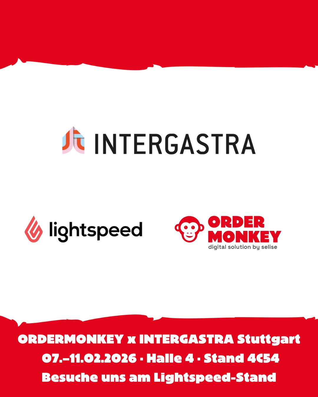 📢 ORDERMONKEY an der INTERGASTRA 2026 in Stuttgart 

Vom 7.–11. Februar 2026 ist ORDERMONKEY auf der INTERGASTRA in Stuttgart vertreten – der führenden Fachmesse für Hotellerie, Gastronomie und Ausser-Haus-Markt in Süddeutschland. Gemeinsam mit unserem Partner Lightspeed zeigen wir vor Ort, wie moderne Gastroprozesse heute ganzheitlich und integriert funktionieren. 🇩🇪✨ 

✨ ORDERMONKEY ist am Lightspeed-Stand live erlebbar: 
Im Fokus steht das vollständige ORDERMONKEY Ecosystem – von Selforder-Terminals von Pan Oston, ORDERMONKEY Pay bis hin zur unserer Loyalty Lösung und intelligentem Upselling. Alle Komponenten sind so aufgebaut, dass sie im hektischen Gastroalltag zuverlässig greifen – klar, stabil und skalierbar. 📲⚡ 

🤝 Integriert in Lightspeed: 
ORDERMONKEY ist nahtlos in das Lightspeed-Kassensystem eingebunden. Bestellungen von Kiosks und QR fliessen direkt ins Kassensystem, Zahlungen werden zentral verarbeitet und ausgewertet – ideal für Betriebe mit hoher Frequenz, mehreren Standorten oder komplexen Abläufen. 

🔍 Was Besucher:innen konkret erwartet: 
– Live-Demos von Selforder & digitalen Bestellflows 
– Einblick in integrierte Payment- & Upselling-Prozesse 
– Loyalty direkt im Bestellprozess 
– Praxisnahe Use Cases aus Gastronomie, QSR & Hotellerie 

📍 INTERGASTRA 2026 
Messe Stuttgart 
Halle 4 · Stand 4C54 (Lightspeed Stand) 

👉 Wir freuen uns auf persönliche Gespräche, ehrlichen Austausch und darauf zu zeigen, wie ORDERMONKEY als Teil eines starken Ecosystems im Alltag echten Mehrwert schafft – ohne zusätzliche Komplexität. 🚀